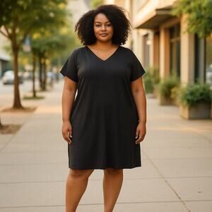 Susan Graver Women’s 2X Black Ponte Knit Cap Sleeve Midi Dress LBD Slimming Work